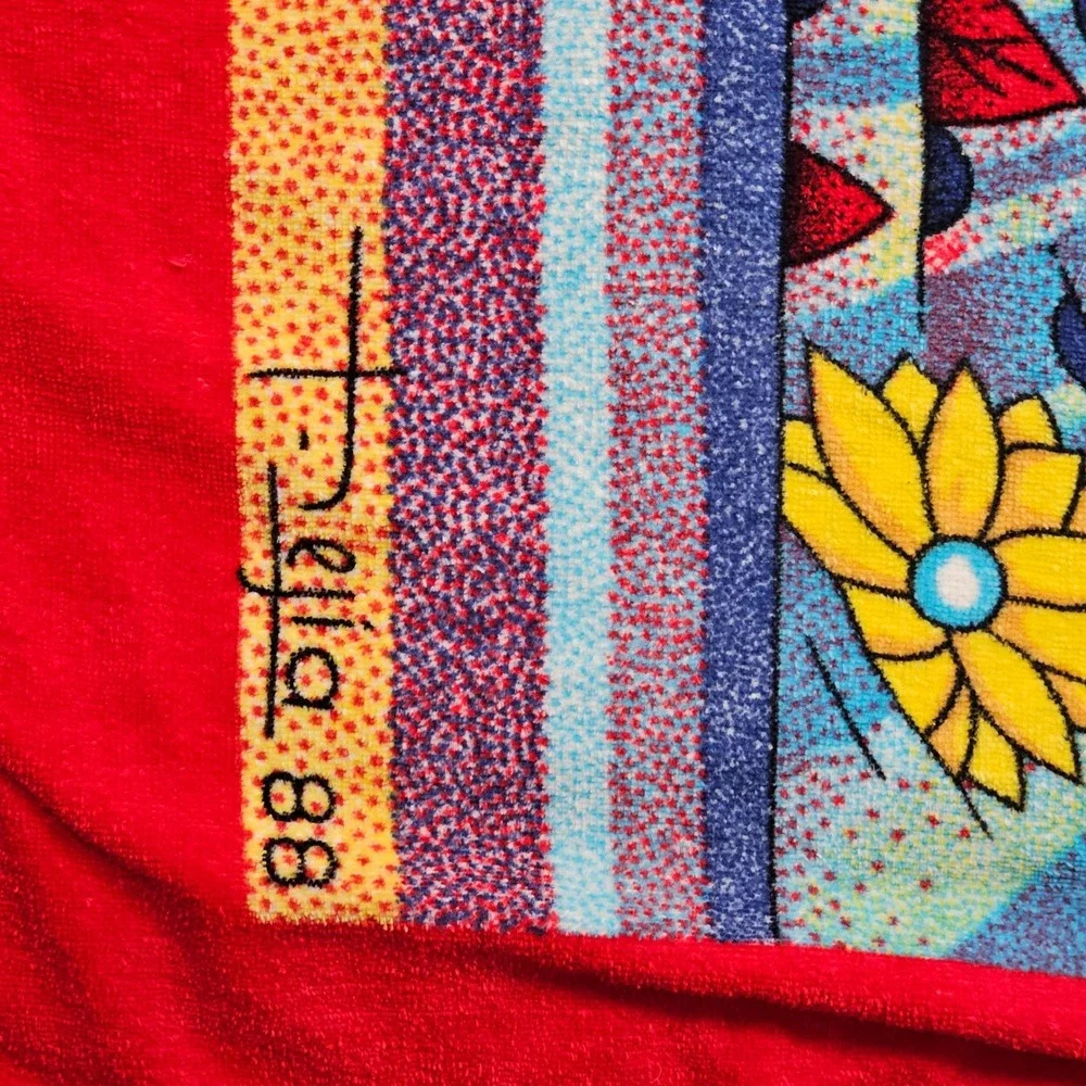 Vintage 1988 Helia Beach Towel Red Folk Art Marketplace Chickens fowers 56x28